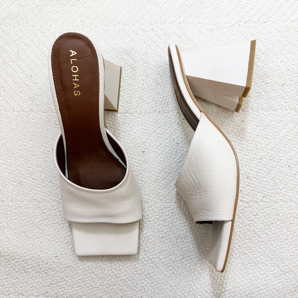 ALOHAS cream leather square toe chunky heel mules 40